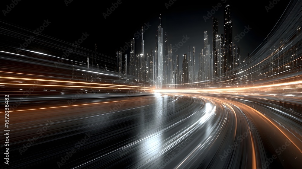 Poster a dynamic and futuristic cityscape with illuminated skyscrapers and blurred trails of fast moving ve