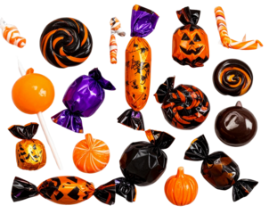  Assorted Halloween Candies in Autumn Colors, isolated on transparent background