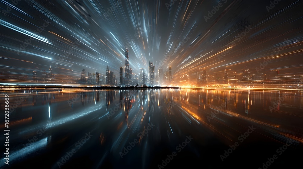 Poster a dynamic and futuristic cityscape with towering skyscrapers neon lights and a shimmering reflection