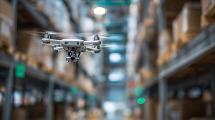 A drone navigates through a large warehouse, delivering packages between shelves filled with boxes.