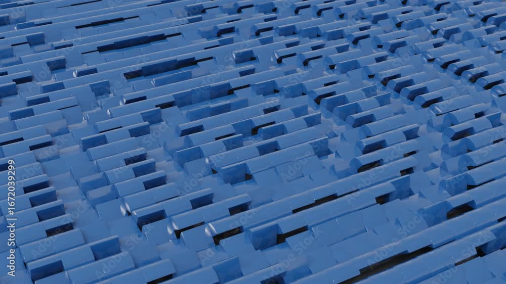 Poster 3d abstract background showing surface made of blue semicylinders that flip in wave-like concentric 