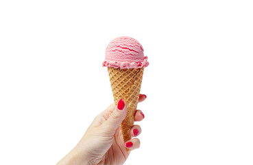 Strawberry Flavor Ice Cream Cone in Hand Cutout on White