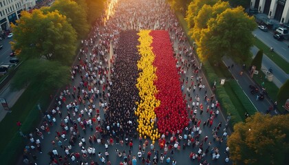 Crowd forms a vibrant display with balloons in the colors of the German flag during a public celebration in a city park at sunset Generative AI