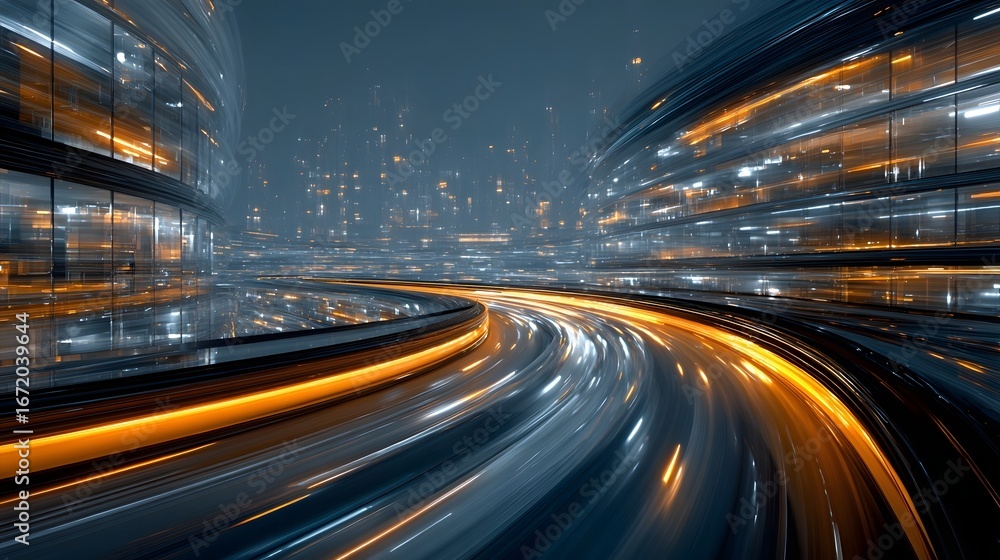 Poster a dynamic and futuristic scene of blurred traffic lights and vehicles moving swiftly along a multi l