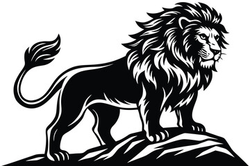 Fototapeta premium Majestic lion silhouette roaring atop a rocky outcrop emblematic of power and royalty silhouette