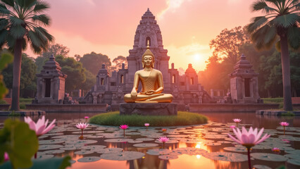 Serene golden statue of Buddha sits peacefully tranquil pond surrounded by blooming lotus flowers, with ancient architecture background sunset