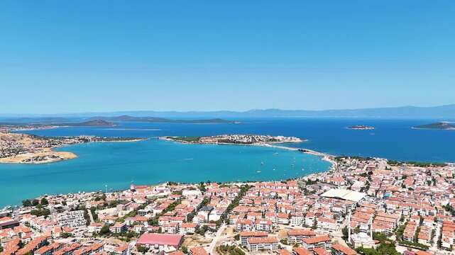 Drone view of Ayvalik in Balikesir in Turkiye. Magnificent views of the turquoise sea and islands.