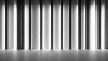 Obraz premium A minimalist black and white studio interior with vertical light strips, abstract architecture and modern design, a stylish and empty space for product display or presentations