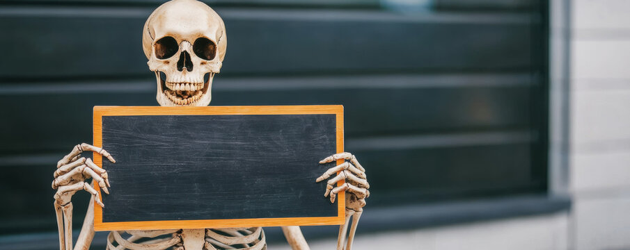 Skeleton chalkboard sign halloween shopping promotion spooky autumn sale retail message blank mockup banner copyspace billboard announcement - Powered by Adobe