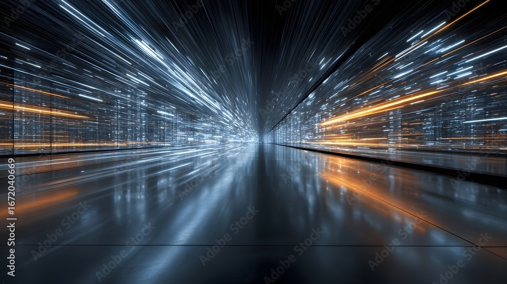 Poster a dynamic and surreal digital landscape with blurred high speed motion through a luminous futuristic