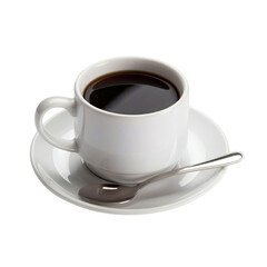 Obraz premium A white ceramic coffee cup with coffee and a saucer set on transparent background