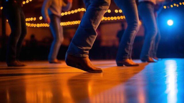 Country line dancers in cowboy boots on stage