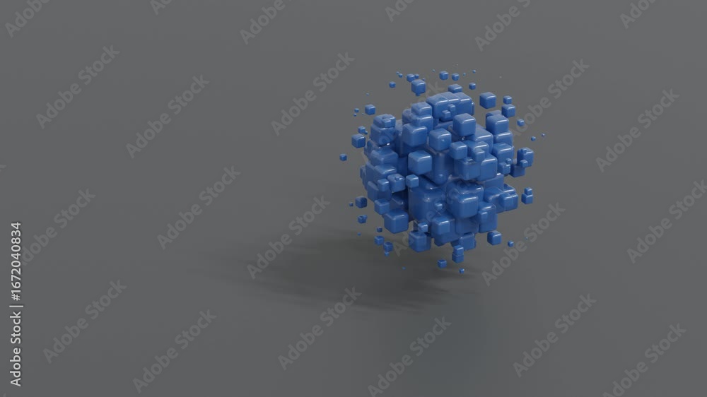 Poster 3d abstract background of modern blue cube structures scattered on a deep dark gray surface, offerin