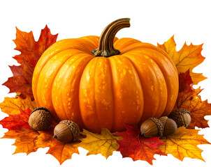 Classic Pumpkin with Autumn Leaves and Acorns, isolated on transparent background