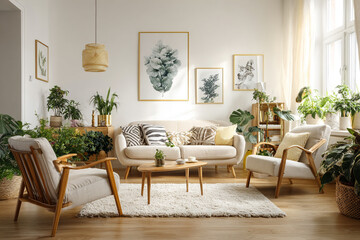 Light beige living room with wooden furniture plants and botanical art