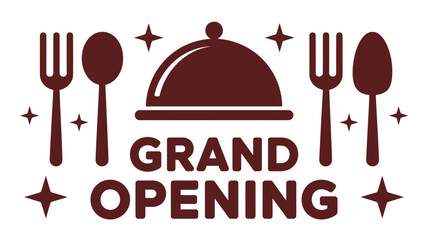 A grand opening announcement with a cloche fork spoon and star design in a brown color scheme graphic