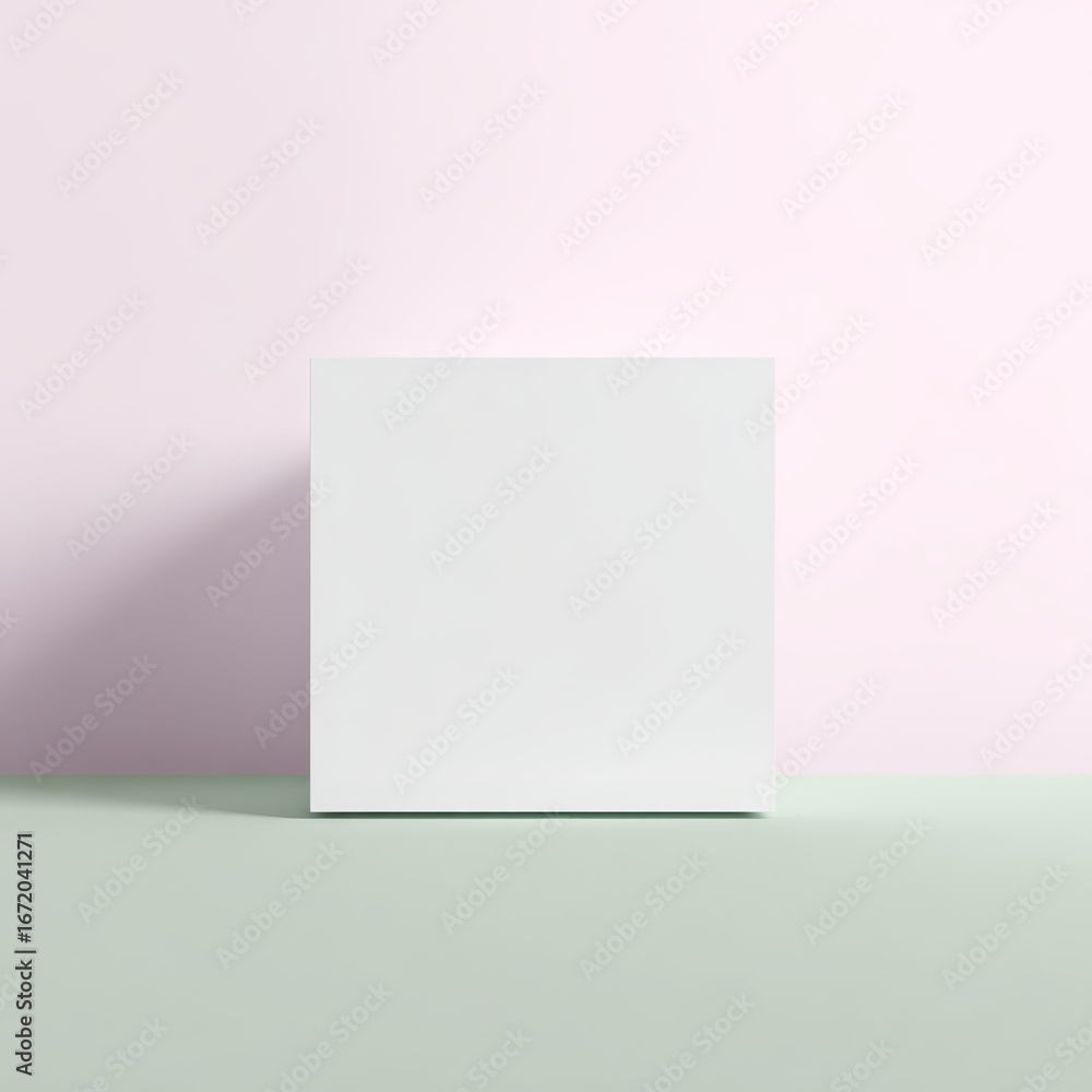 Poster minimalist display with blank cube on soft pastel background