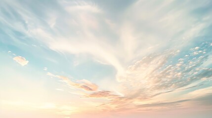 Obraz premium Wispy Clouds on Ethereal Sky Backdrop, Delicate Pastel Tones and Smooth Gradient, Tranquil HD Panoramic Scene