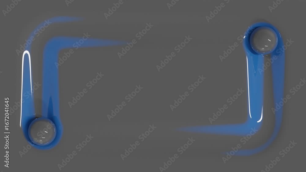 Poster 3d abstract background with two glossy spheres moving across soft surface leaving glowing blue rectangular traces, creating futuristic abstract design and modern geometric minimal motion