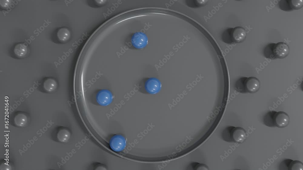 Poster 3d abstract background featuring top view of four shiny blue spheres rolling across a flat circular 