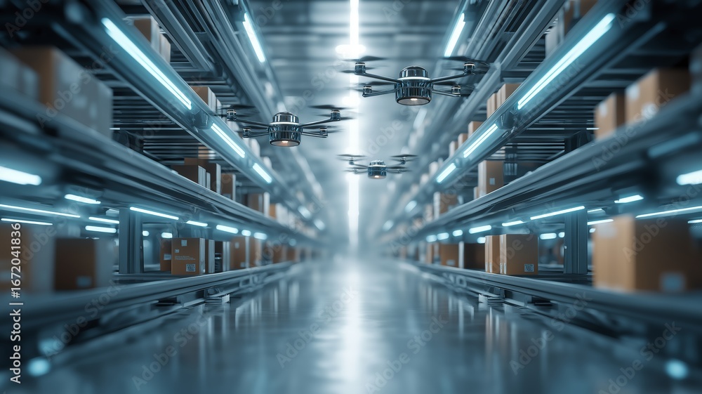 Poster drones are efficiently transporting packages along illuminated pathways in a modern warehouse.