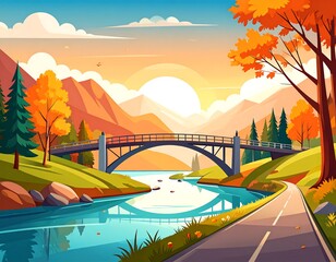 Serene autumn landscape with bridge, river, road, and mountains at sunset