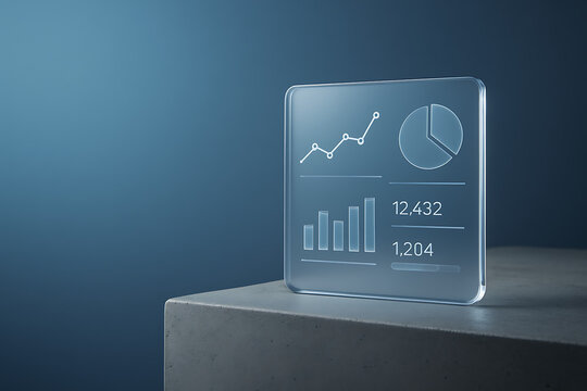 Glass Panel Displaying Data Visualizations and Numerical Data