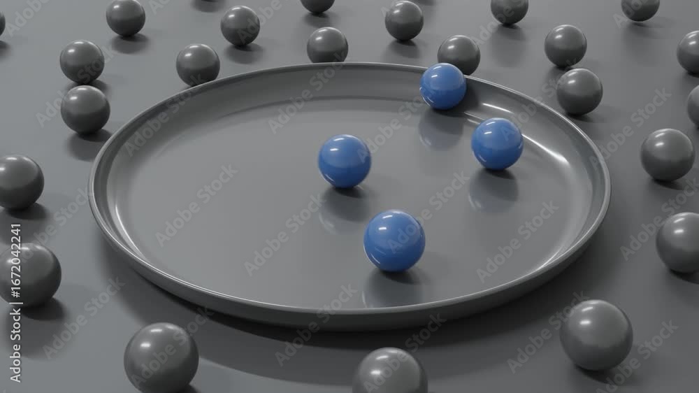 Poster 3d abstract background with four glossy blue spheres rolling smoothly across a flat dark gray plate 