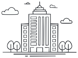 Skyscraper office building with trees and clouds hand drawn line art illustration