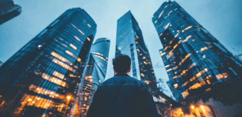 Plakat Person Standing in Front of Tall Glass City Skyscrapers at Night
