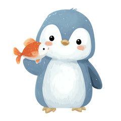 Fototapeta premium Adorable Penguin with Fish: A Cute Winter Illustration