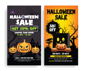 Halloween Social Media Stories Template &ndash; Vertical Sale Discount Banner with Creepy Background Illustration, Scary Event Signage banner, and Promotional Offer for Trick or Treat Night