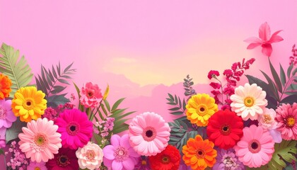 Multi-colored flower wall background. beautiful floral background for greeting or postcard. toning.  full bloom showing nature artistry and beauty.