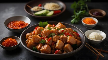Delicious stir-fried tofu and vegetables presented on a dark table with rice and condiments in an Asian-inspired setting Generative AI