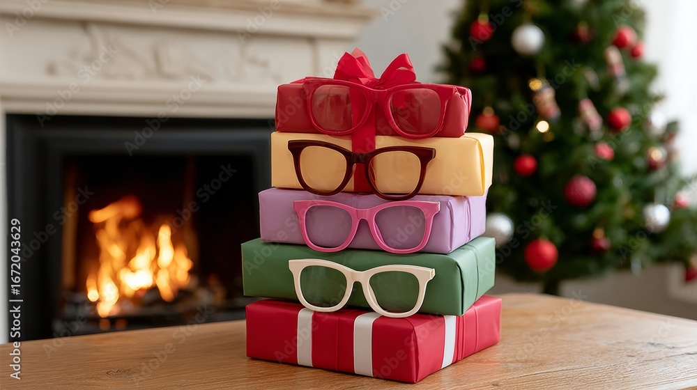 Poster stack of presents with a christmas tree in the background. the presents are wrapped in colorful pape