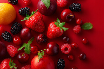 Obraz premium Red fruits and berries on a red background a vibrant mix of summer goodness