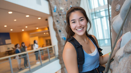 A freshman tries rock climbing at a campus gym with ropes taut chalk dust floating and friends cheering below captured in a thrilling photo with grip marks rope fibers and