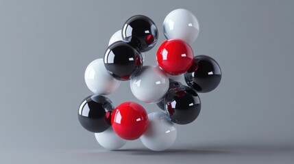 Abstract 3D rendering of glossy black, white, and red spheres clustered together.