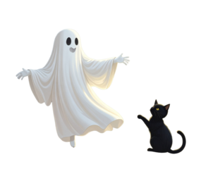  Ghost Reaching for Moon with Black Cat Companion, isolated on transparent background