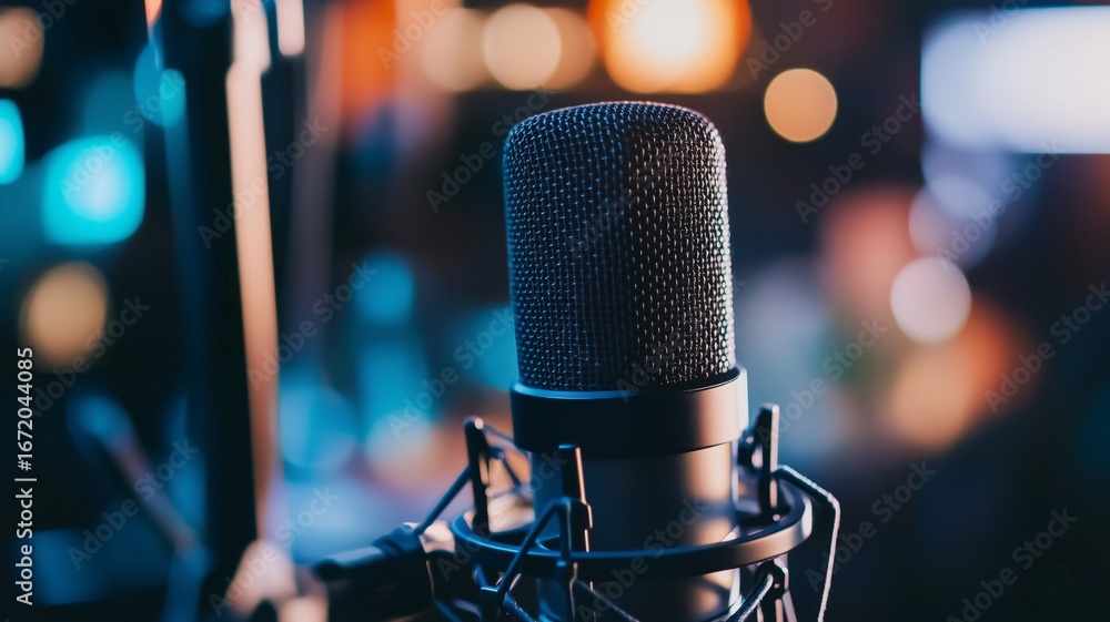 Poster close-up view of a microphone in a vibrant recording studio during a nighttime session