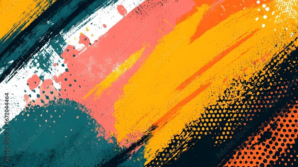 Poster a dynamic contemporary abstract painting featuring bold expressive brushstrokes in a vibrant palette