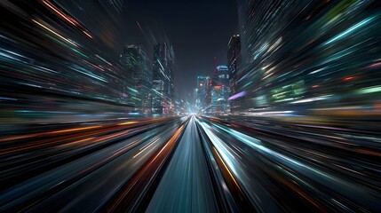 A dynamic cityscape with blurred colorful lights and high speed transportation conveying a sense of energy progress and technological advancement