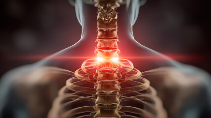 Image depicts detailed view of human spine, highlighting vertebrae and spinal cord with focus thoracic region.