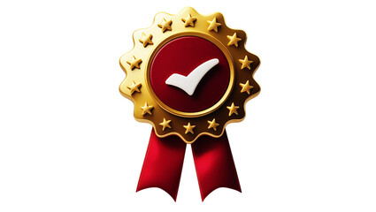Golden award ribbon with red center and white checkmark isolated on transparent background