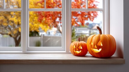 Fototapeta premium Two pumpkins with a light inside sit on a window sill. The scene is set in autumn, with trees outside the window. Scene is warm and cozy, as the pumpkins are lit up and placed on a wooden surface