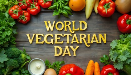 Celebrating World Vegetarian Day with vibrant vegetables and fresh produce arranged artistically on a wooden table Generative AI