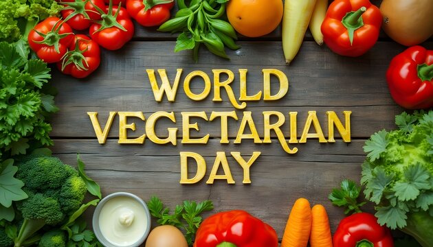 Celebrating World Vegetarian Day with vibrant vegetables and fresh produce arranged artistically on a wooden table Generative AI