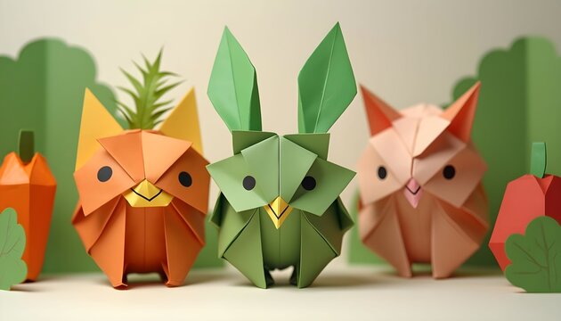Creative and colorful origami animals made from paper in various shapes and sizes displayed on a light background with simple shapes of leaves and vegetables Generative AI - Powered by Adobe