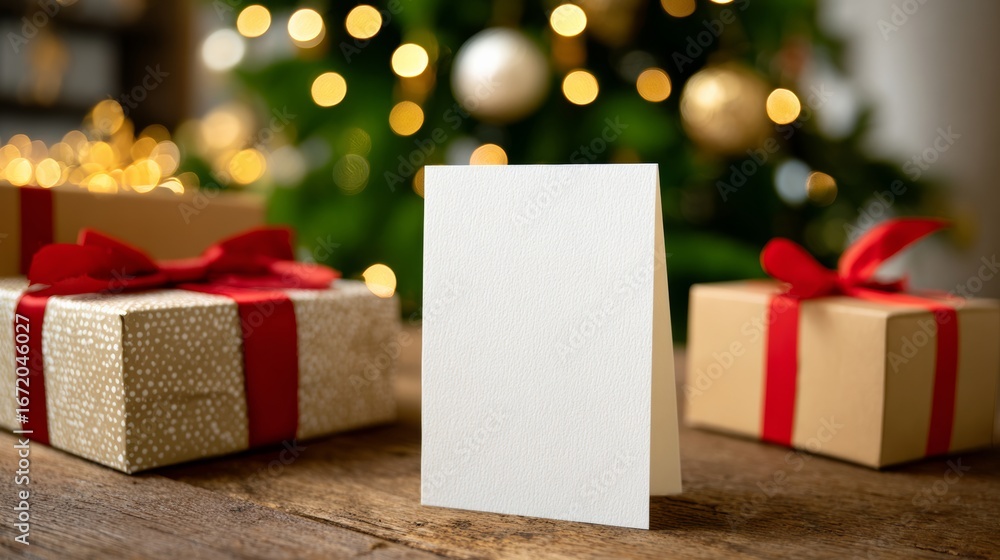 Poster white card sits on a table next to two other boxes. the card is empty and the boxes are wrapped in r