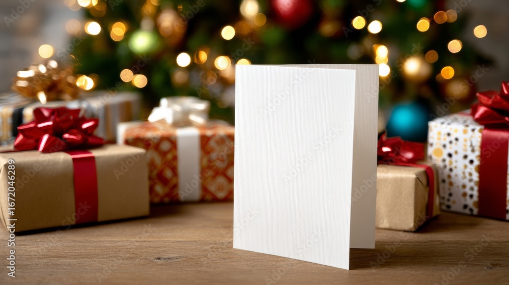 Aufkleber white card sits on a table next to a christmas tree and presents. the card is empty, but it is decor